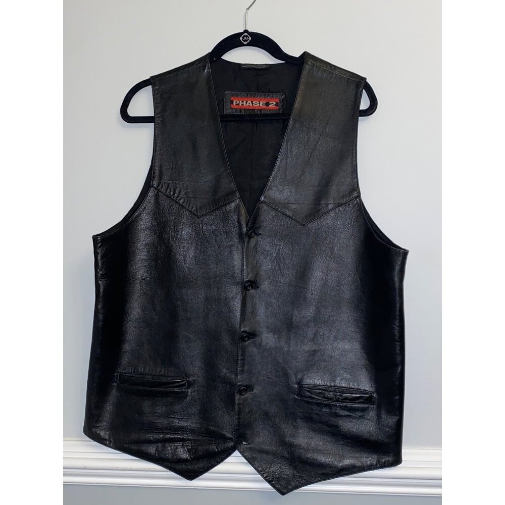 Men's Vintage Phase 2 Black Genuine Leather Button Up Vest Size Large